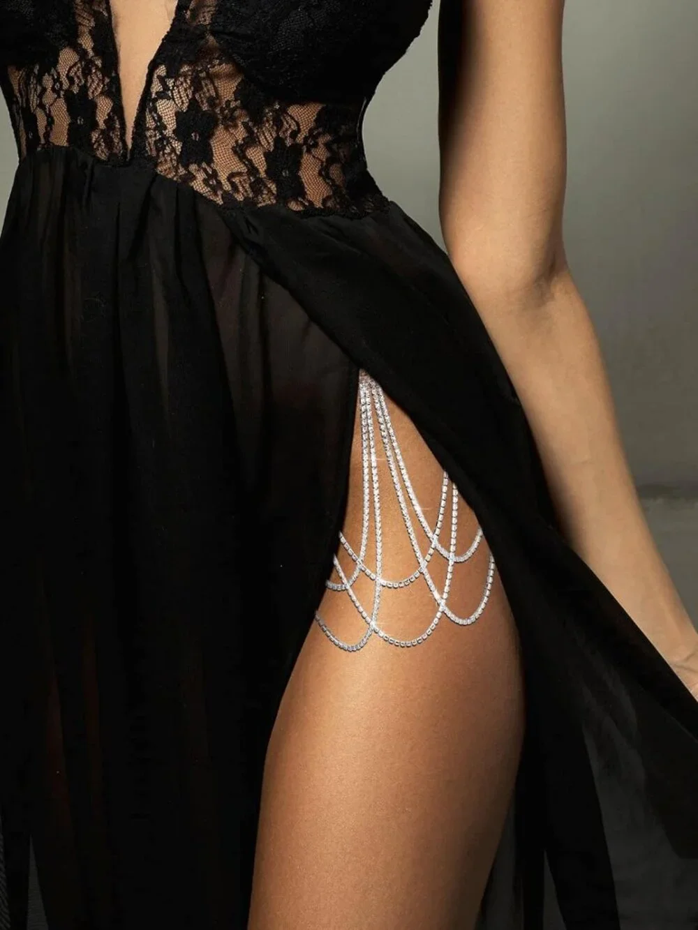 2 Pieces Crystal Leg Chains Rhinestone Sliver Thigh Chain Layered Body Jewelry f